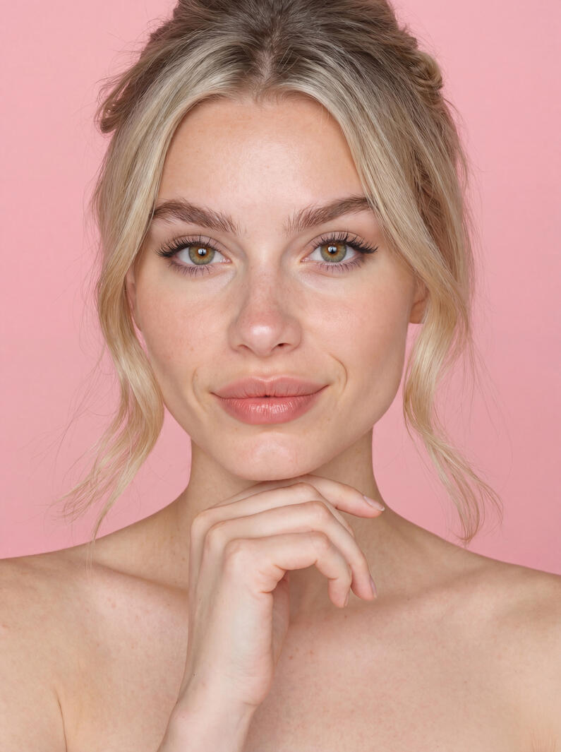 Close-up portrait of Mia Liorvain against a pink backdrop with hand under chin.