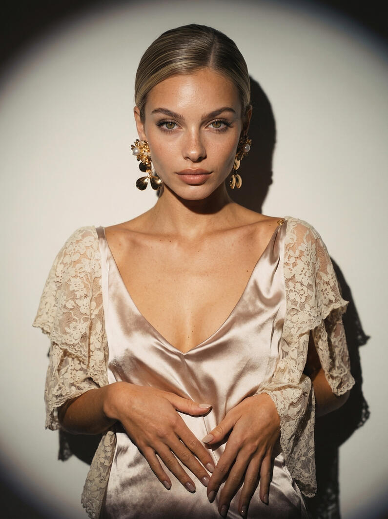Studio portrait of Mia Liorvain in champagne satin dress and lace sleeves, hard light.