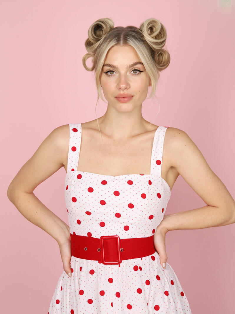Mia Liorvain wearing a white dress with red polka dots and red belt on pink backdrop