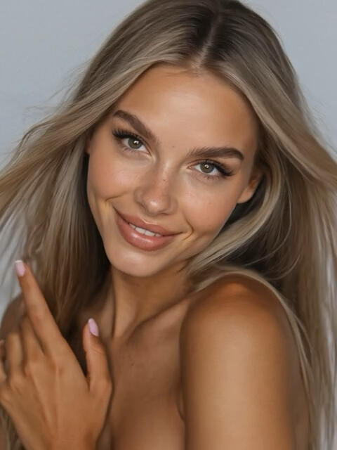 Portrait of Mia Liorvain smiling on a gray studio backdrop with soft, natural makeup.